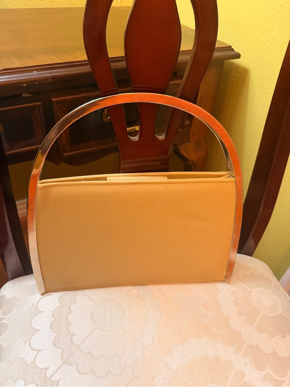 Cream Top-Handle Clutch with Metal Frame